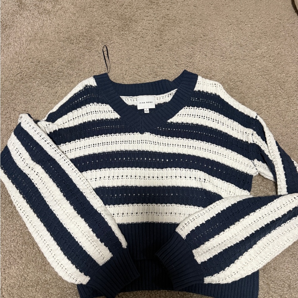 Pink Rose Navy and Cream V-Neck Sweater